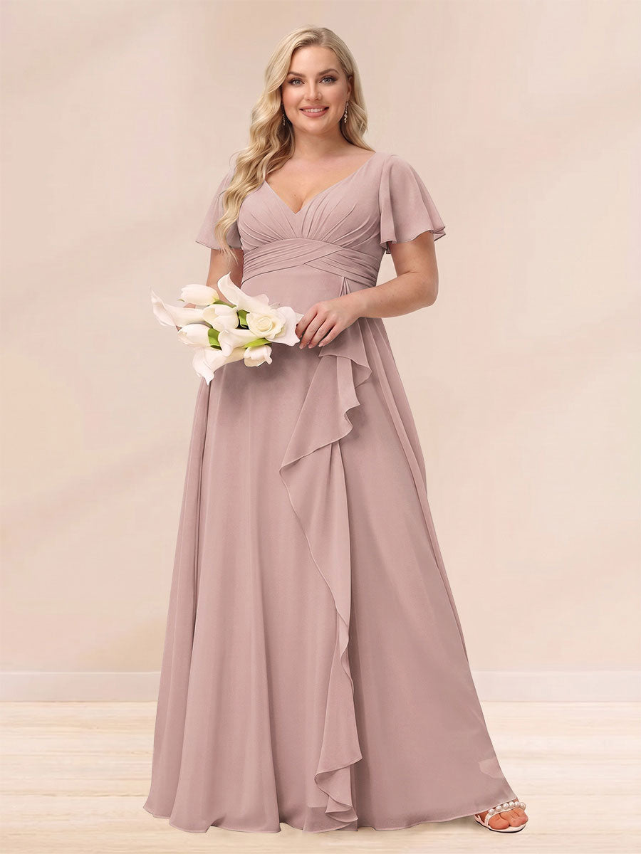 A-Line/Princess V-Neck Long Plus size Bridesmaid Dresses with Ruffles Dusty Pink