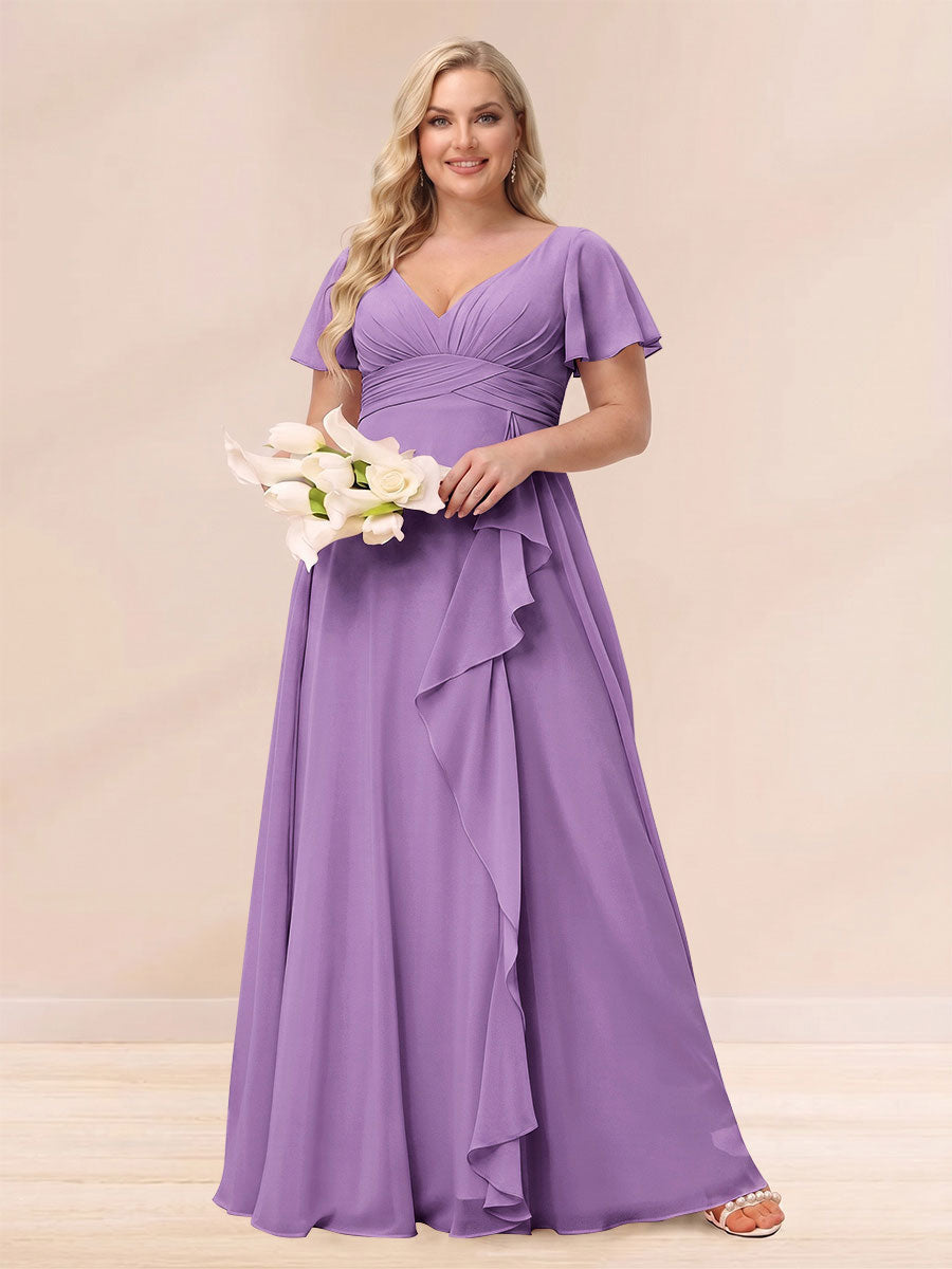 A-Line/Princess V-Neck Long Plus size Bridesmaid Dresses with Ruffles Dusty Purple