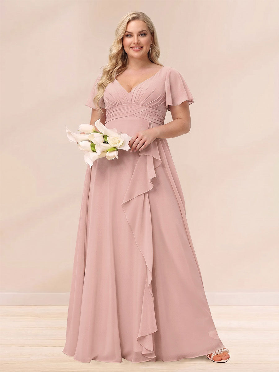 A-Line/Princess V-Neck Long Plus size Bridesmaid Dresses with Ruffles Dusty Rose