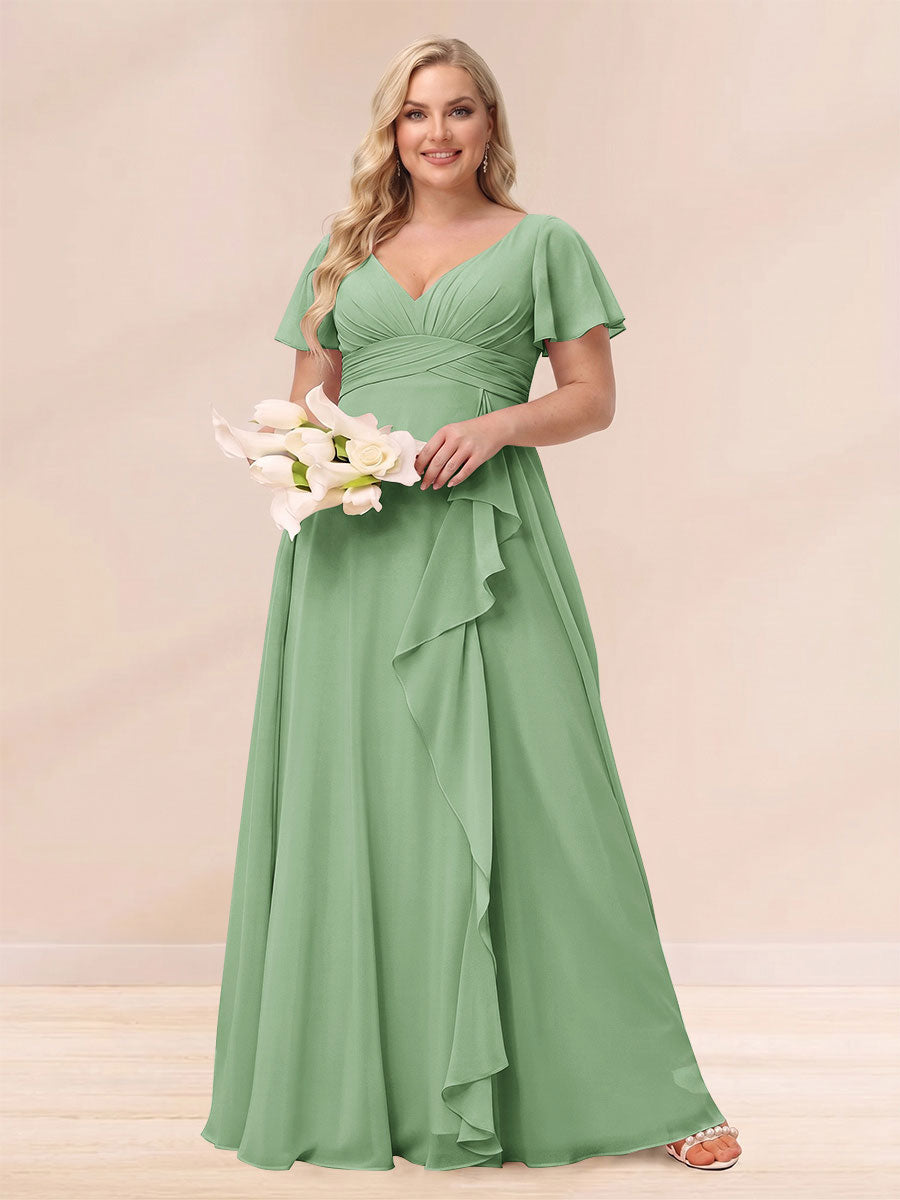 A-Line/Princess V-Neck Long Plus size Bridesmaid Dresses with Ruffles Dusty Sage