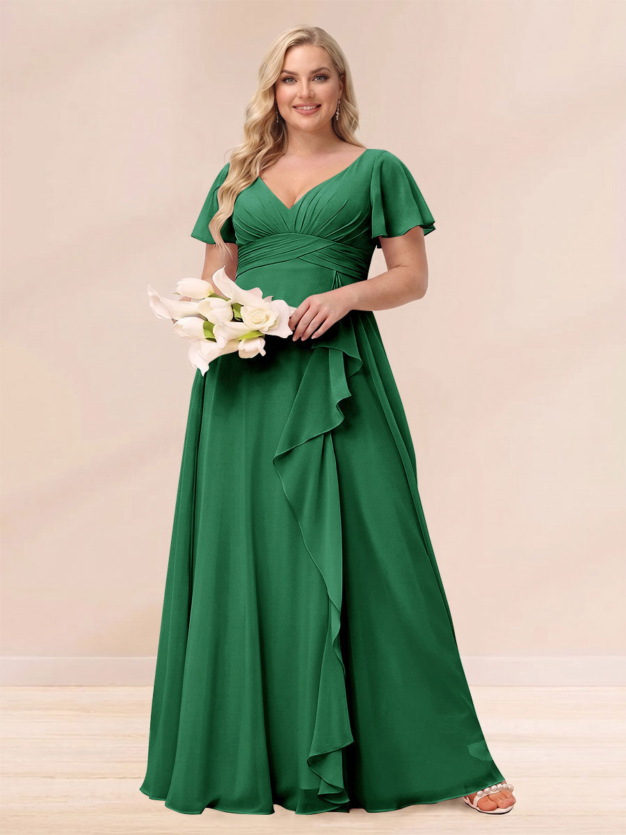 A-Line/Princess V-Neck Long Plus size Bridesmaid Dresses with Ruffles Emerald