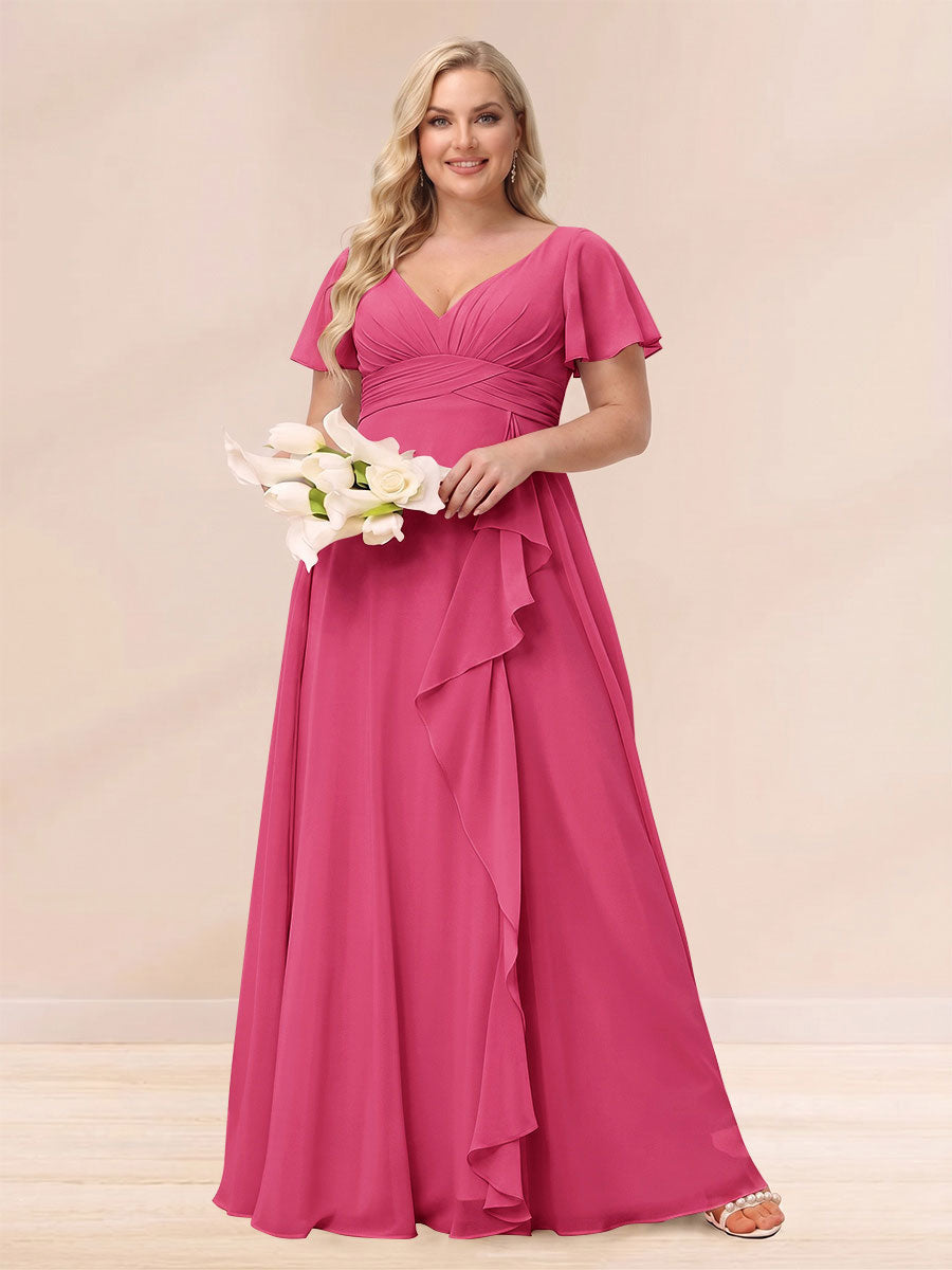 A-Line/Princess V-Neck Long Plus size Bridesmaid Dresses with Ruffles Fuchsia