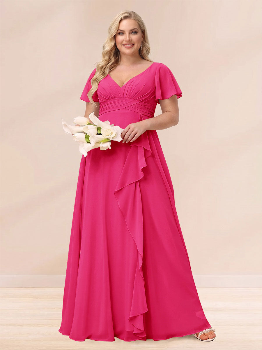 A-Line/Princess V-Neck Long Plus size Bridesmaid Dresses with Ruffles Fuchsia Pink