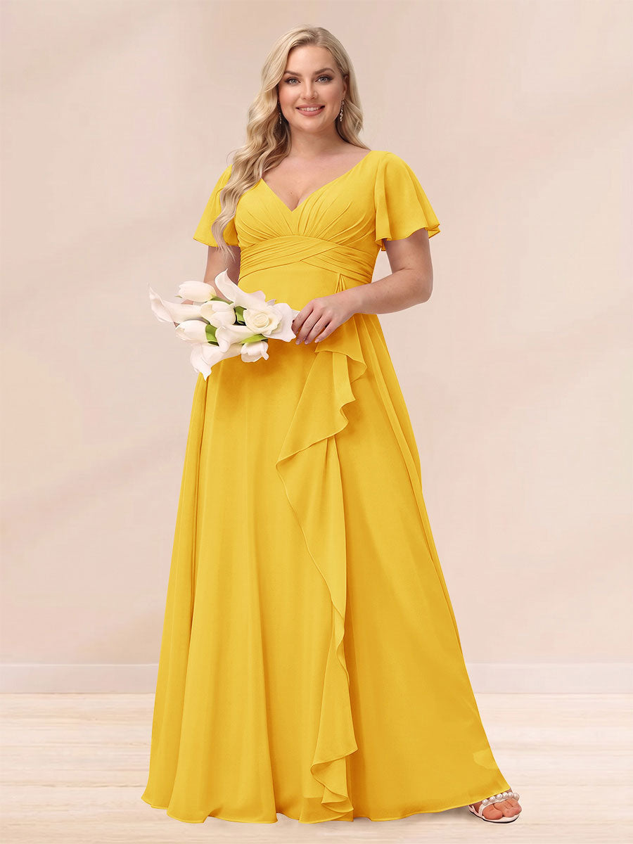 A-Line/Princess V-Neck Long Plus size Bridesmaid Dresses with Ruffles Gold