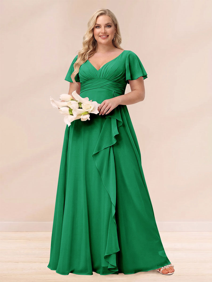 A-Line/Princess V-Neck Long Plus size Bridesmaid Dresses with Ruffles Green