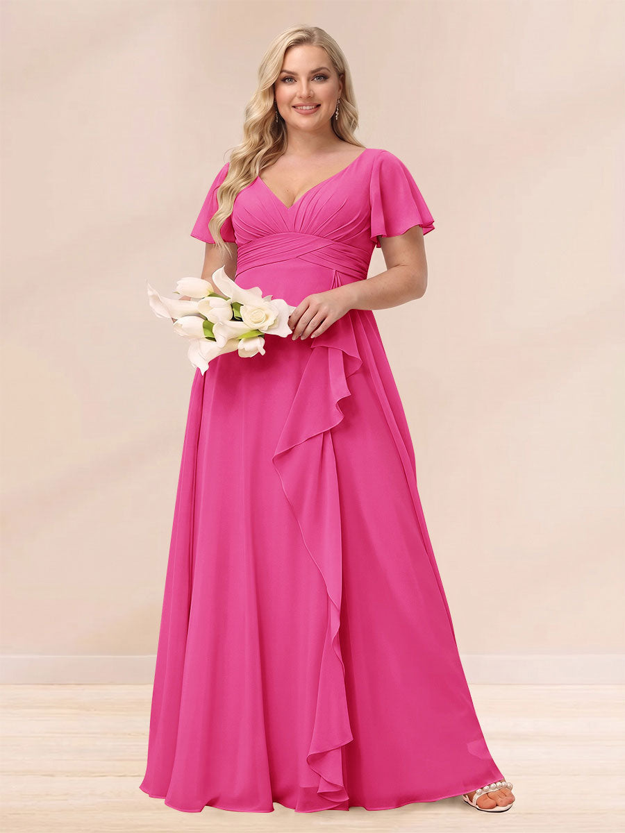 A-Line/Princess V-Neck Long Plus size Bridesmaid Dresses with Ruffles Hot Pink