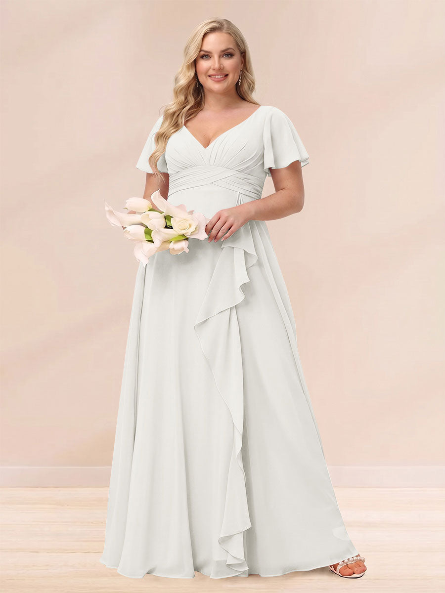 A-Line/Princess V-Neck Long Plus size Bridesmaid Dresses with Ruffles Ivory