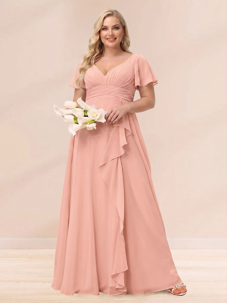 A-Line/Princess V-Neck Long Plus size Bridesmaid Dresses with Ruffles Lavender