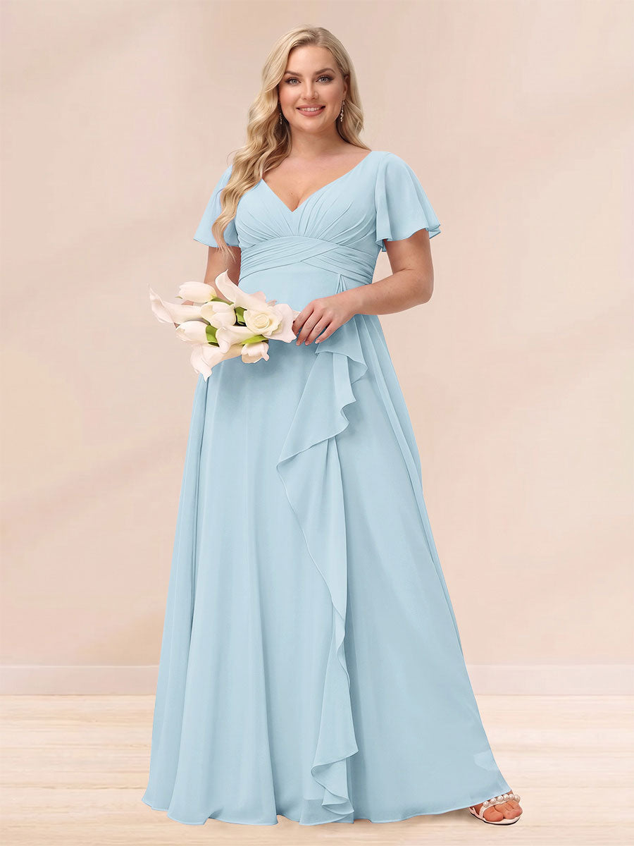A-Line/Princess V-Neck Long Plus size Bridesmaid Dresses with Ruffles Light Blue