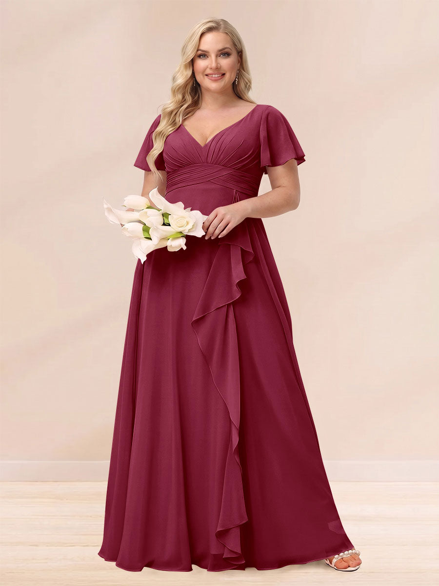 A-Line/Princess V-Neck Long Plus size Bridesmaid Dresses with Ruffles Light Burgundy