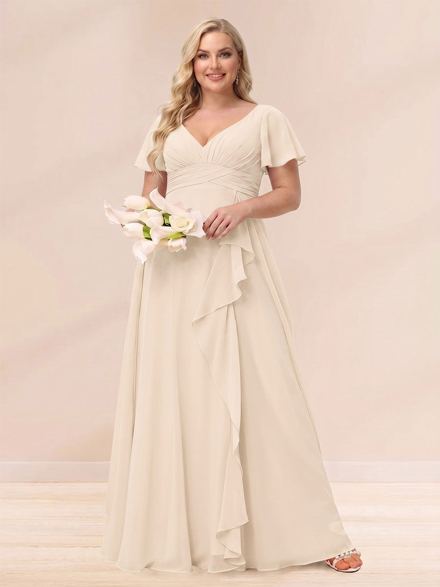 A-Line/Princess V-Neck Long Plus size Bridesmaid Dresses with Ruffles Light Champagne