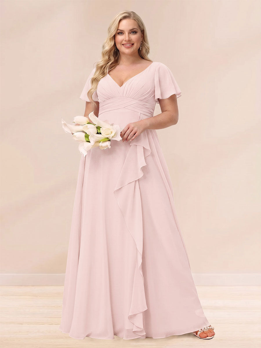 A-Line/Princess V-Neck Long Plus size Bridesmaid Dresses with Ruffles Light Pink