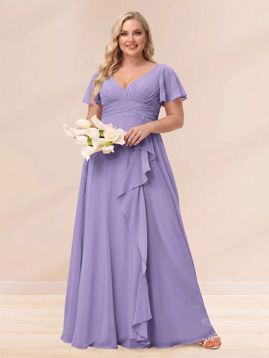 A-Line/Princess V-Neck Long Plus size Bridesmaid Dresses with Ruffles Light Purple