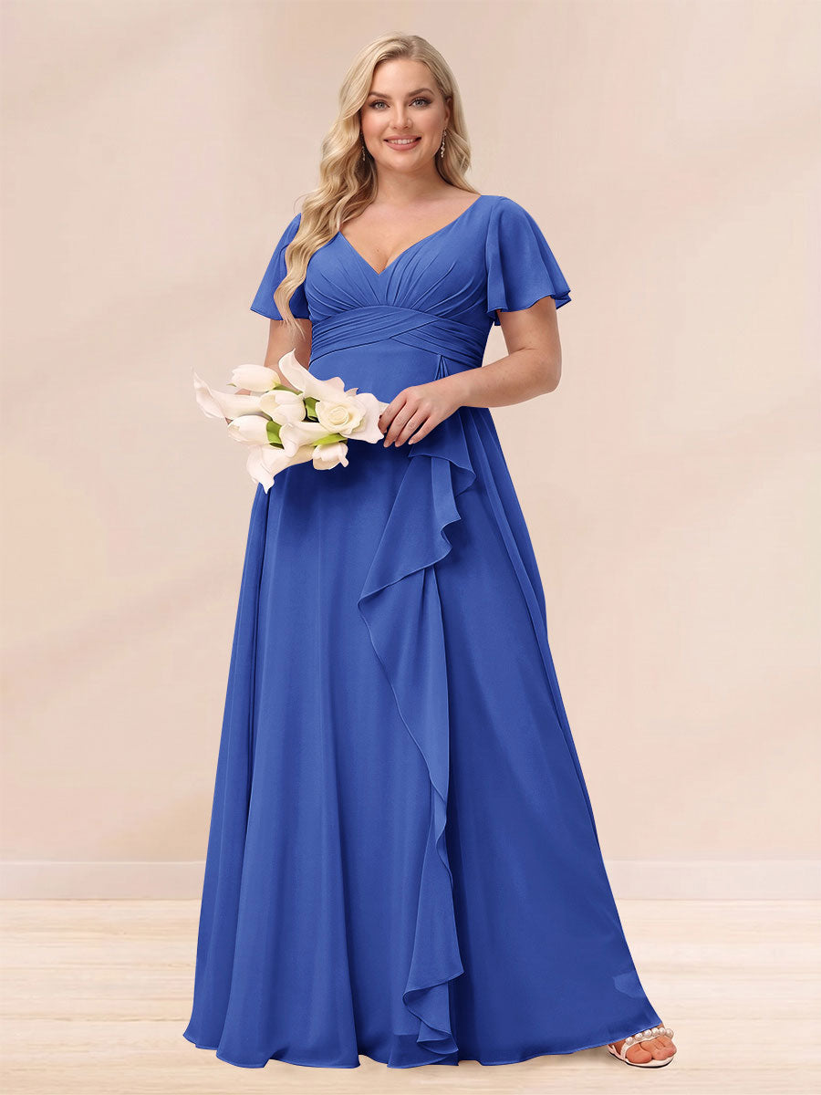 A-Line/Princess V-Neck Long Plus size Bridesmaid Dresses with Ruffles Light Royal Blue