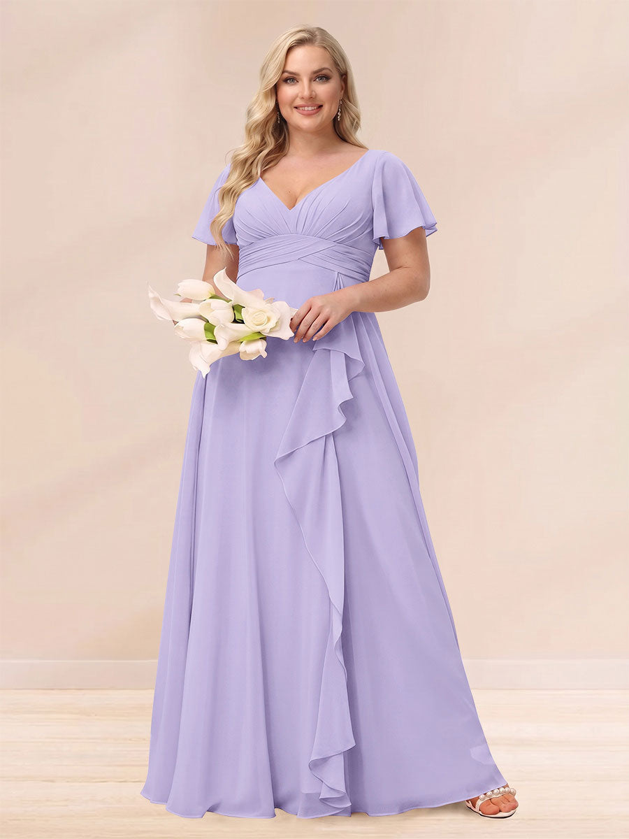 A-Line/Princess V-Neck Long Plus size Bridesmaid Dresses with Ruffles Lilac