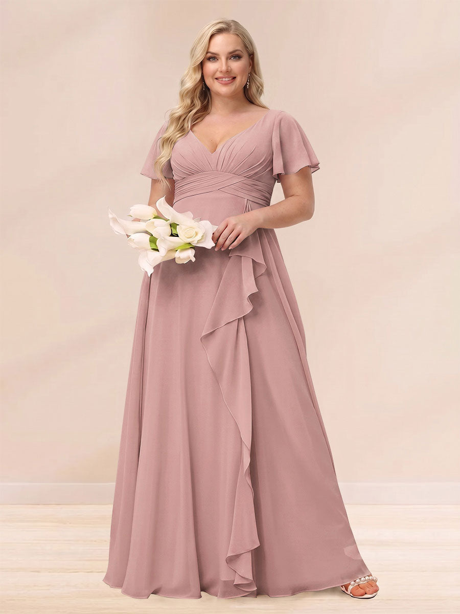 A-Line/Princess V-Neck Long Plus size Bridesmaid Dresses with Ruffles Mauve