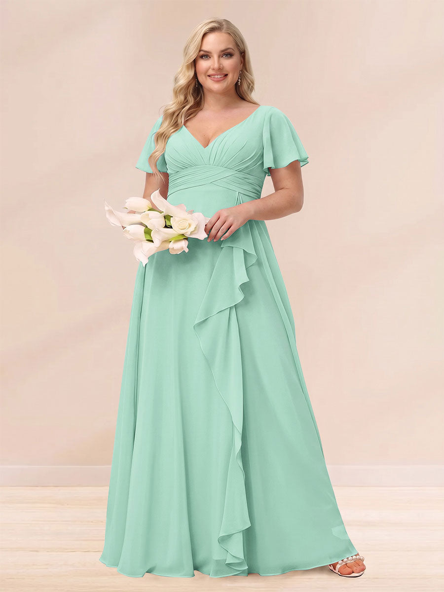 A-Line/Princess V-Neck Long Plus size Bridesmaid Dresses with Ruffles Mint Green