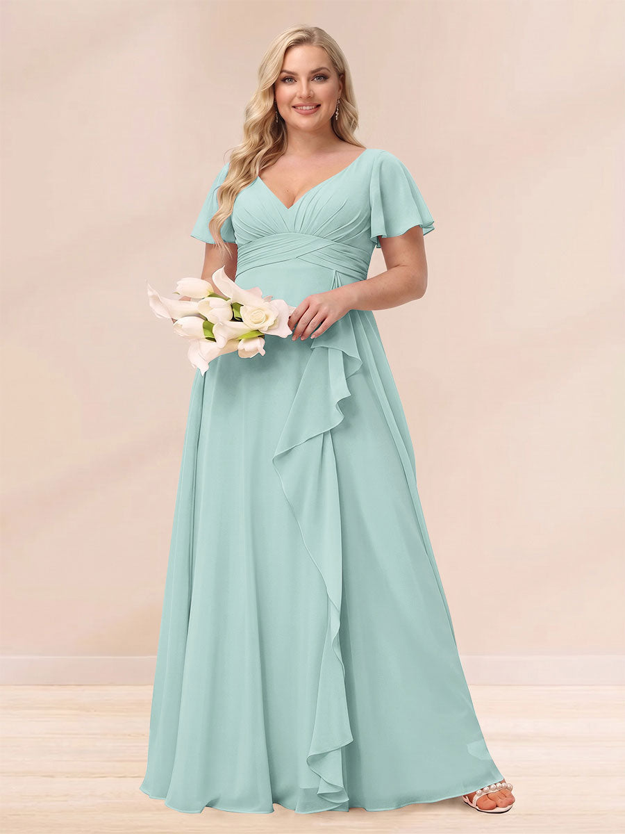 A-Line/Princess V-Neck Long Plus size Bridesmaid Dresses with Ruffles Mist Blue