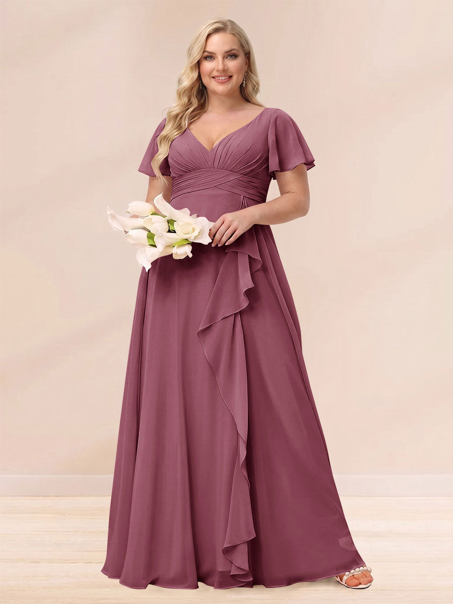 A-Line/Princess V-Neck Long Plus size Bridesmaid Dresses with Ruffles Mulberry