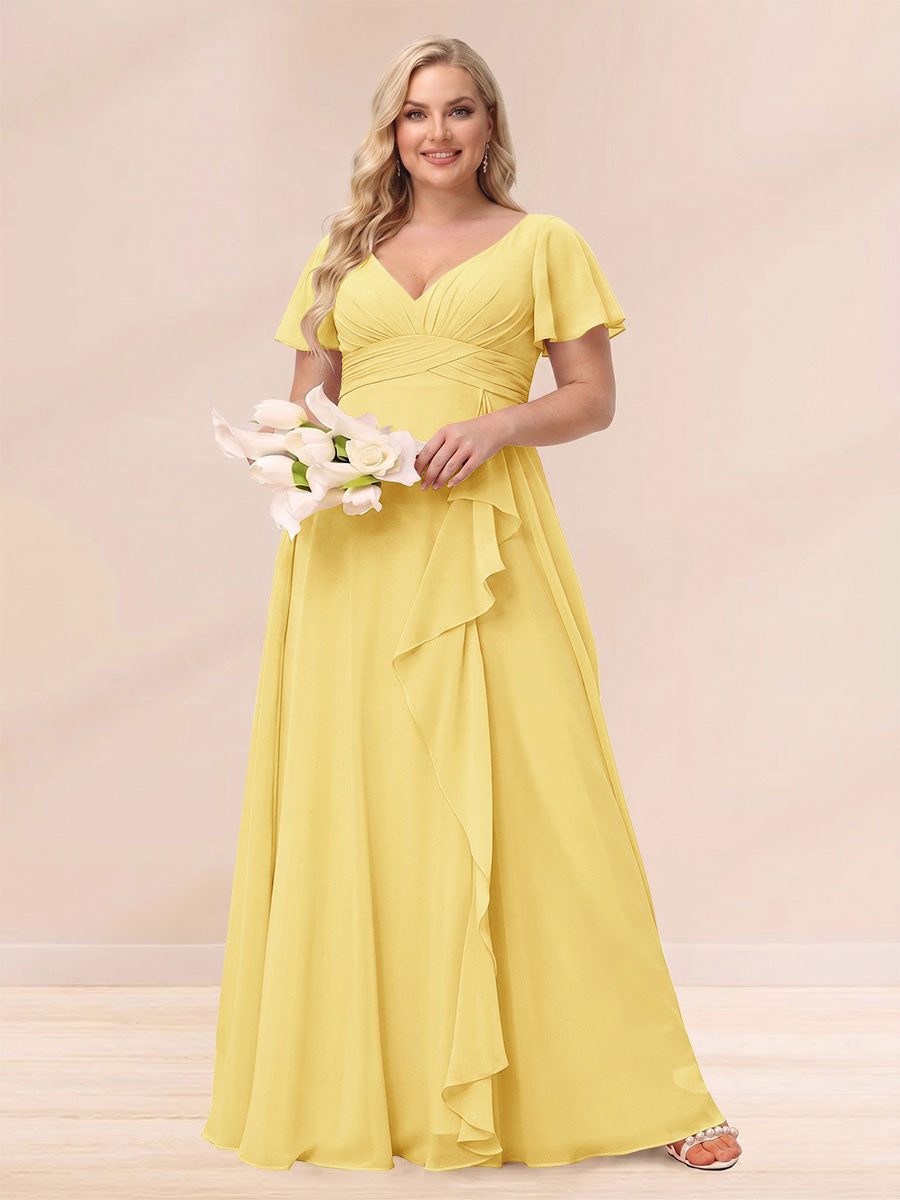 A-Line/Princess V-Neck Long Plus size Bridesmaid Dresses with Ruffles Mustard Yellow