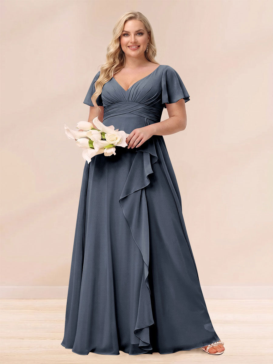 A-Line/Princess V-Neck Long Plus size Bridesmaid Dresses with Ruffles Navy Blue