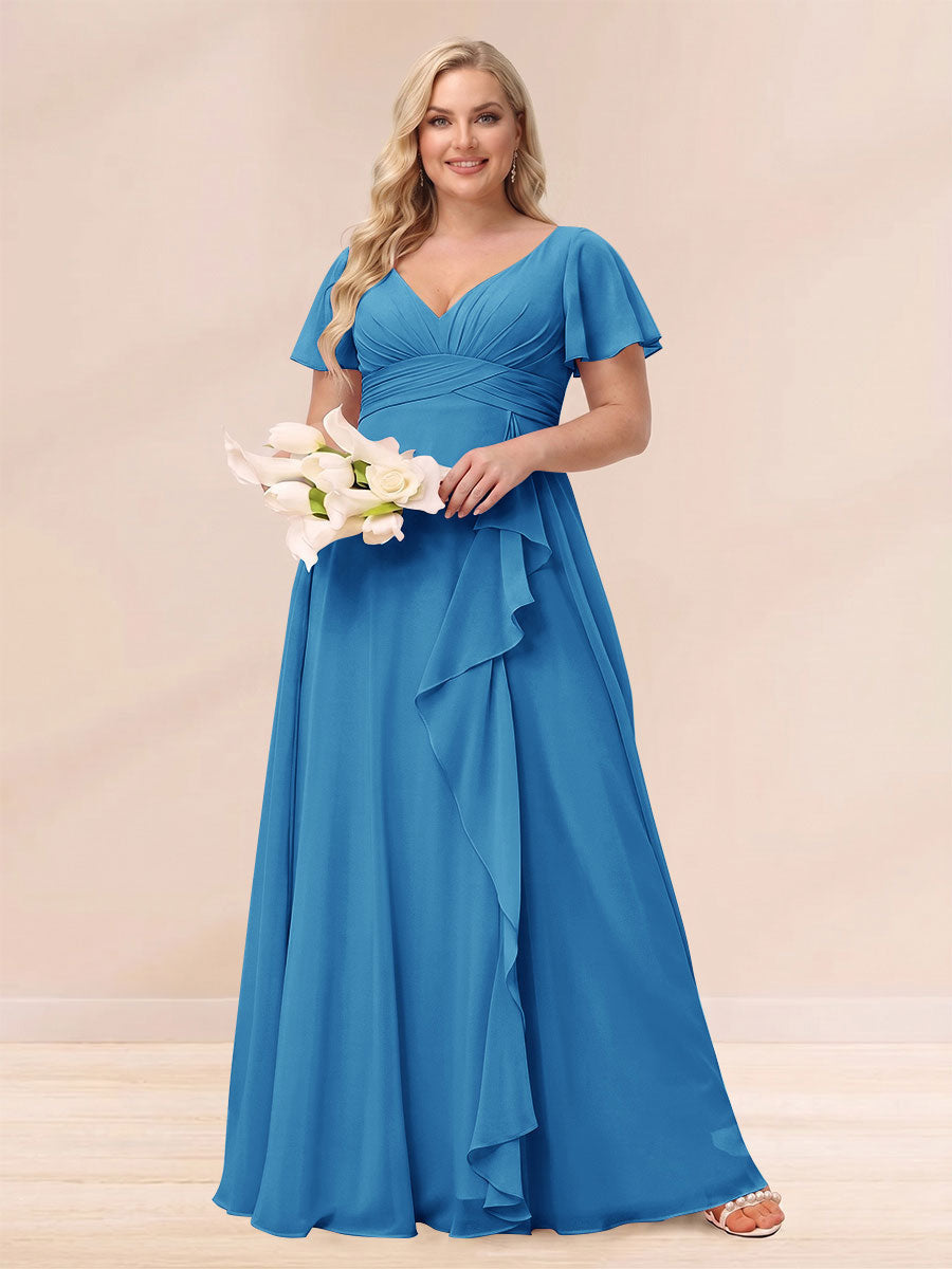 A-Line/Princess V-Neck Long Plus size Bridesmaid Dresses with Ruffles Ocean Blue