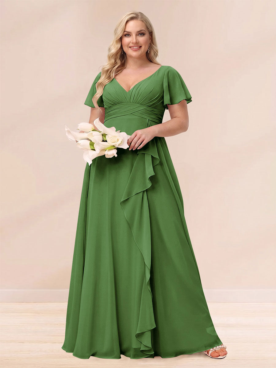 A-Line/Princess V-Neck Long Plus size Bridesmaid Dresses with Ruffles Olive Green