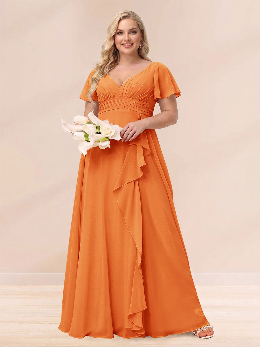 A-Line/Princess V-Neck Long Plus size Bridesmaid Dresses with Ruffles Orange