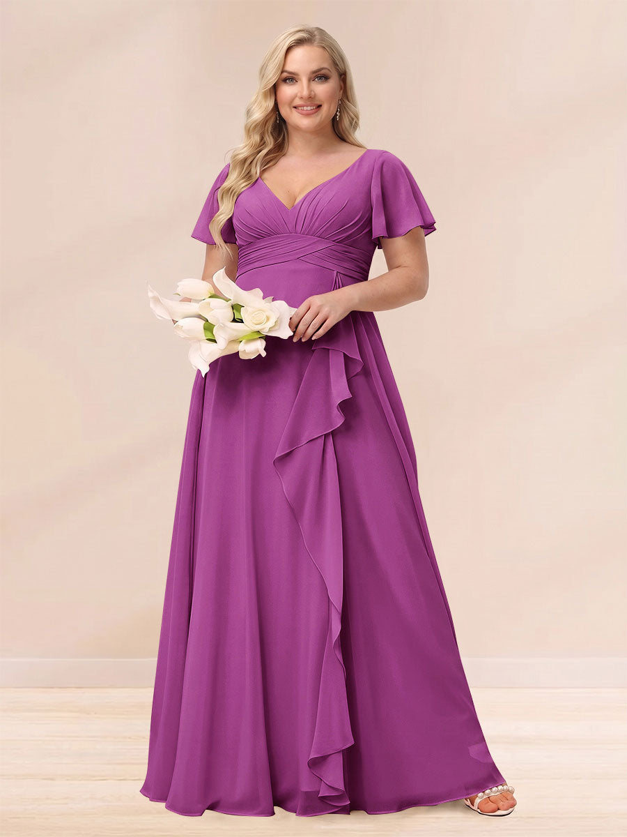 A-Line/Princess V-Neck Long Plus size Bridesmaid Dresses with Ruffles Orchid