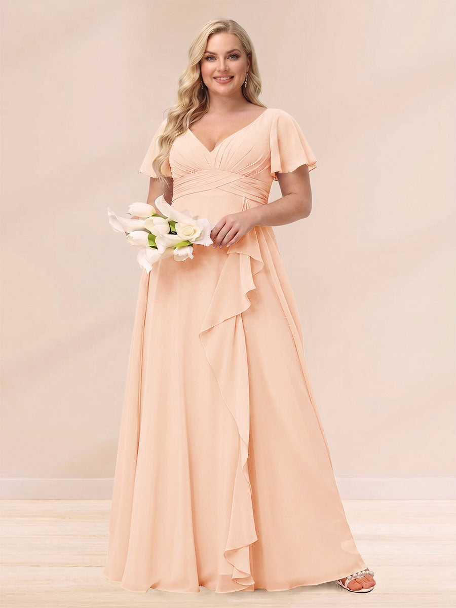 A-Line/Princess V-Neck Long Plus size Bridesmaid Dresses with Ruffles Peach Pink