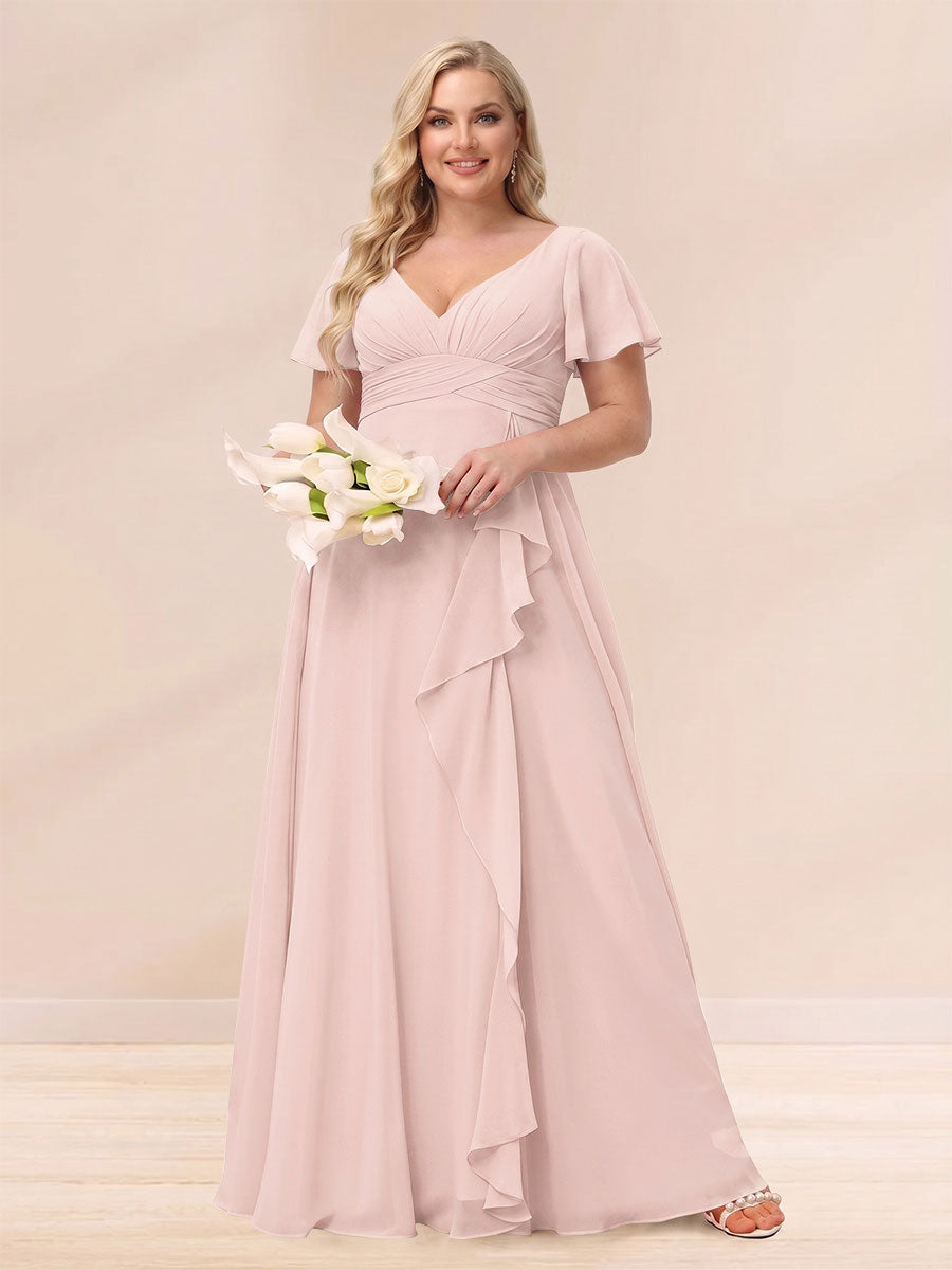 A-Line/Princess V-Neck Long Plus size Bridesmaid Dresses with Ruffles Pearl Pink
