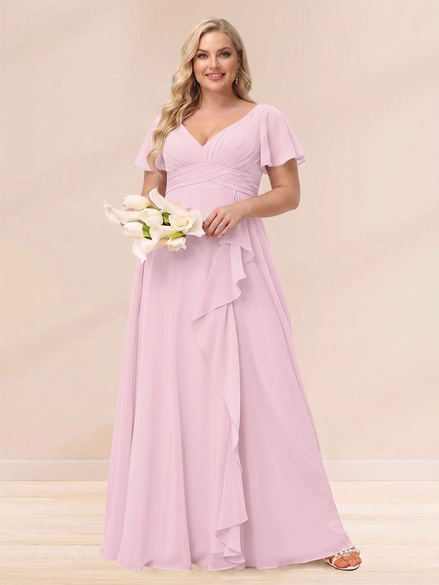 A-Line/Princess V-Neck Long Plus size Bridesmaid Dresses with Ruffles Pink