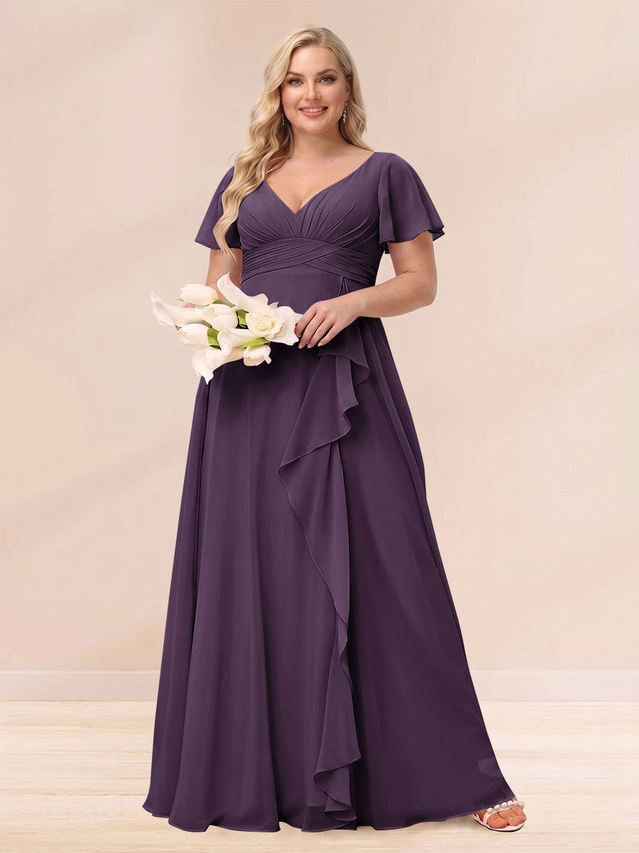 A-Line/Princess V-Neck Long Plus size Bridesmaid Dresses with Ruffles Plum