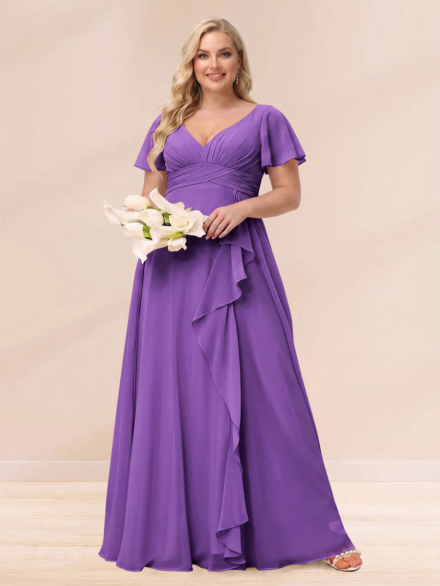 A-Line/Princess V-Neck Long Plus size Bridesmaid Dresses with Ruffles Purple