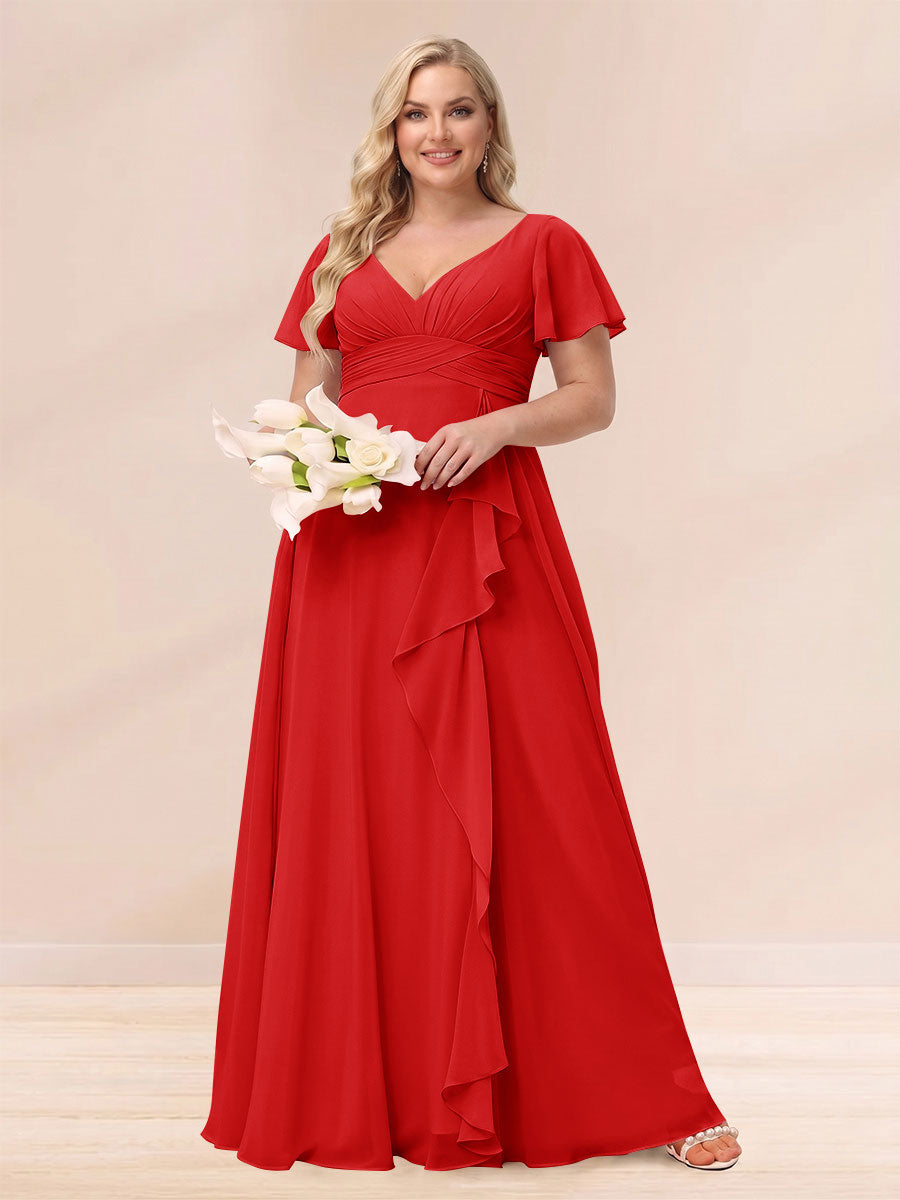 A-Line/Princess V-Neck Long Plus size Bridesmaid Dresses with Ruffles Red