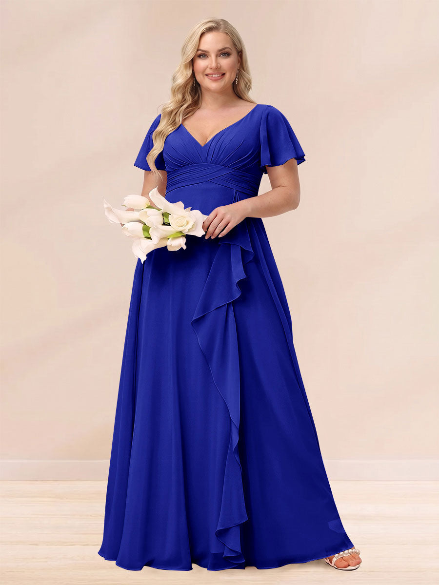 A-Line/Princess V-Neck Long Plus size Bridesmaid Dresses with Ruffles Royal Blue