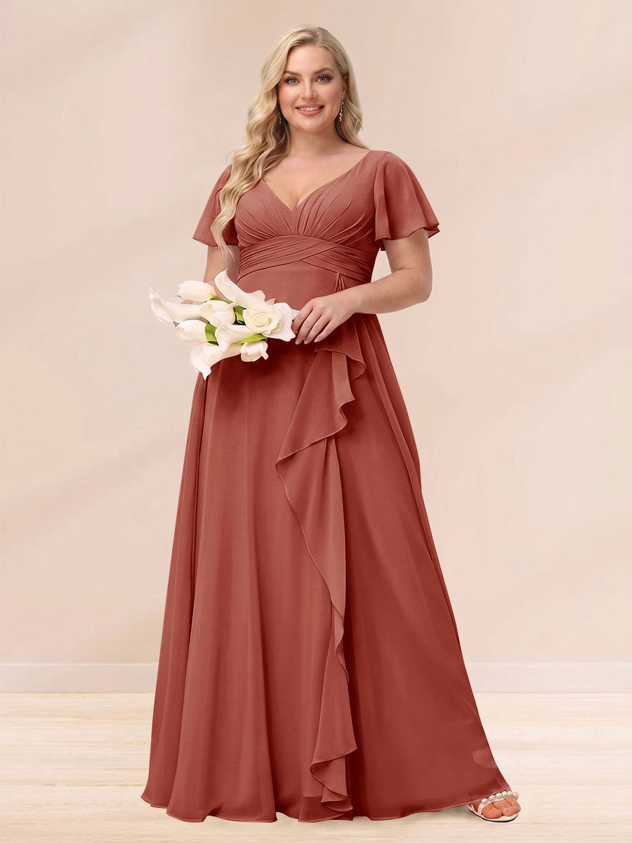 A-Line/Princess V-Neck Long Plus size Bridesmaid Dresses with Ruffles Rust
