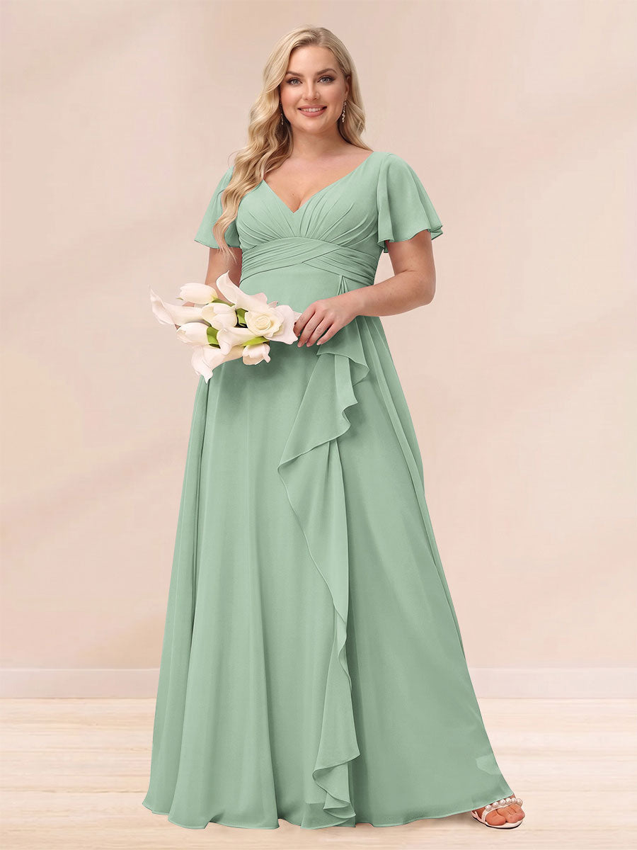 A-Line/Princess V-Neck Long Plus size Bridesmaid Dresses with Ruffles Sage