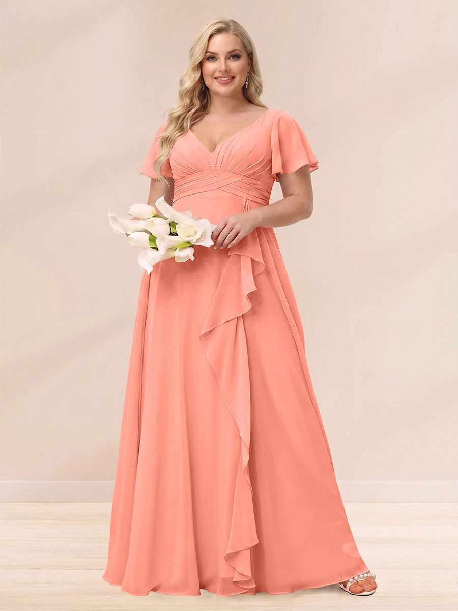 A-Line/Princess V-Neck Long Plus size Bridesmaid Dresses with Ruffles Salmon