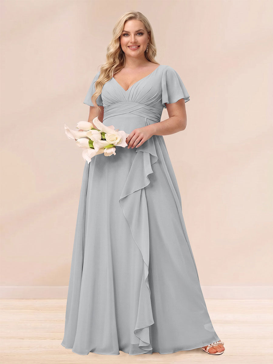A-Line/Princess V-Neck Long Plus size Bridesmaid Dresses with Ruffles Silver