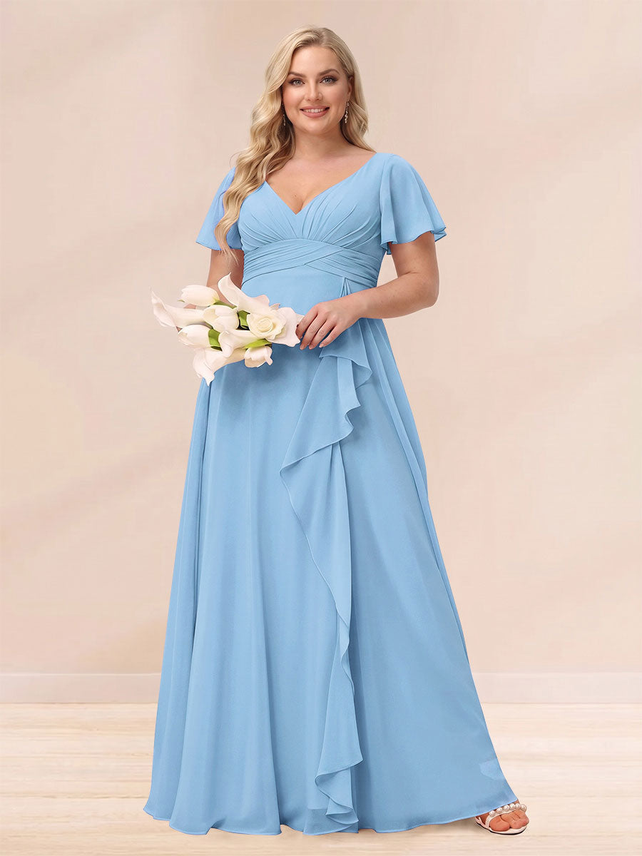 A-Line/Princess V-Neck Long Plus size Bridesmaid Dresses with Ruffles Sky Blue