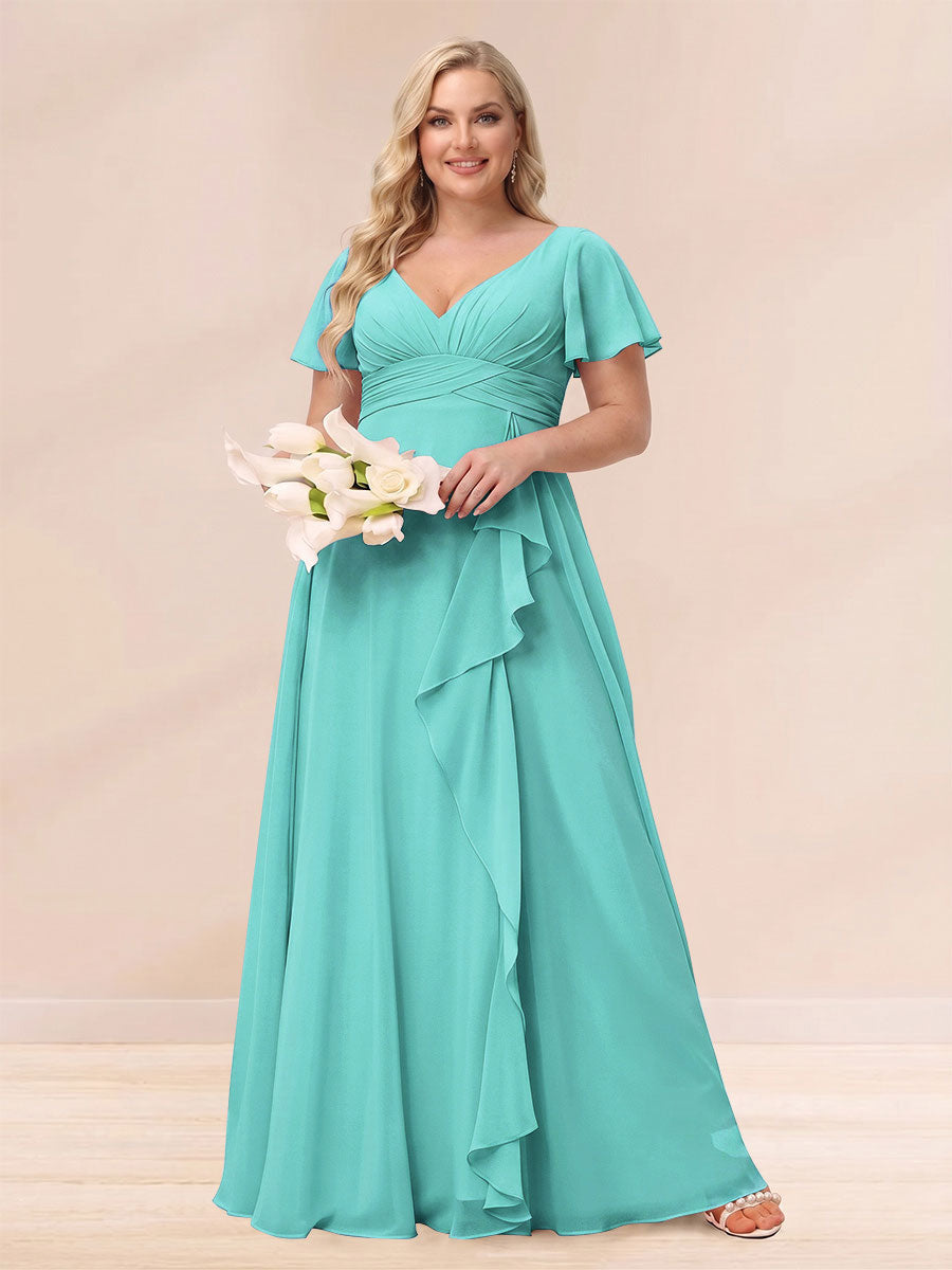 A-Line/Princess V-Neck Long Plus size Bridesmaid Dresses with Ruffles Spa