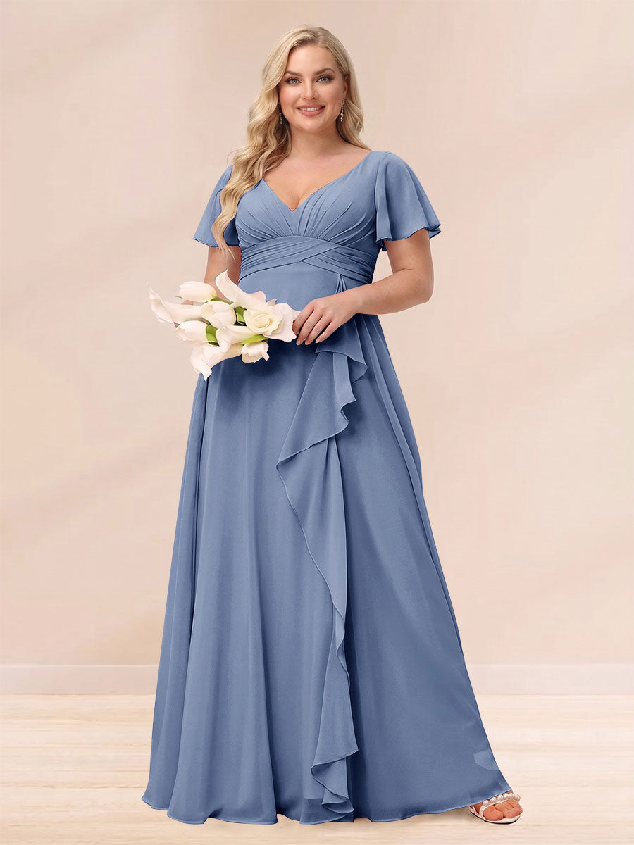 A-Line/Princess V-Neck Long Plus size Bridesmaid Dresses with Ruffles Steel Blue
