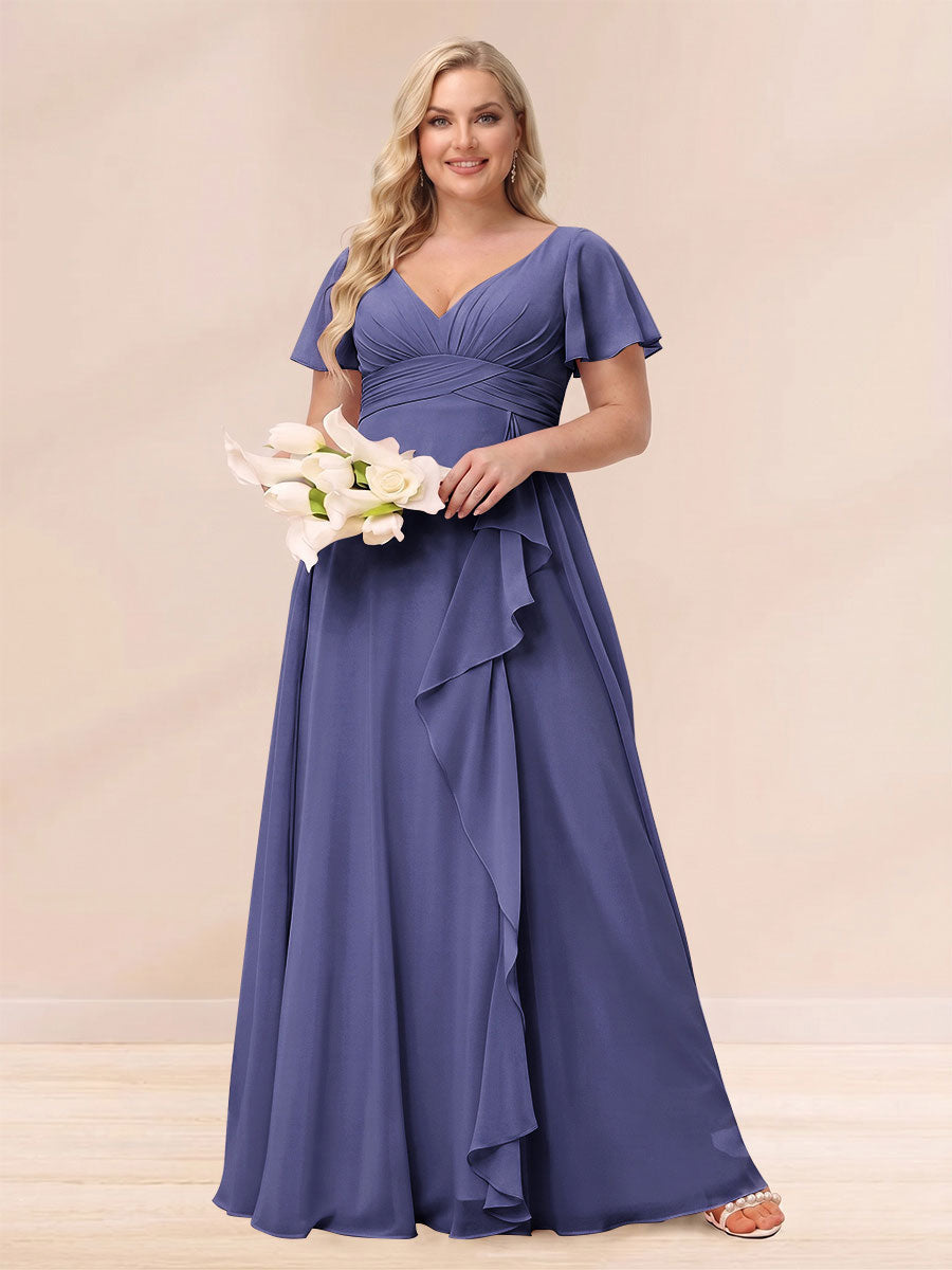 A-Line/Princess V-Neck Long Plus size Bridesmaid Dresses with Ruffles Stormy Blue