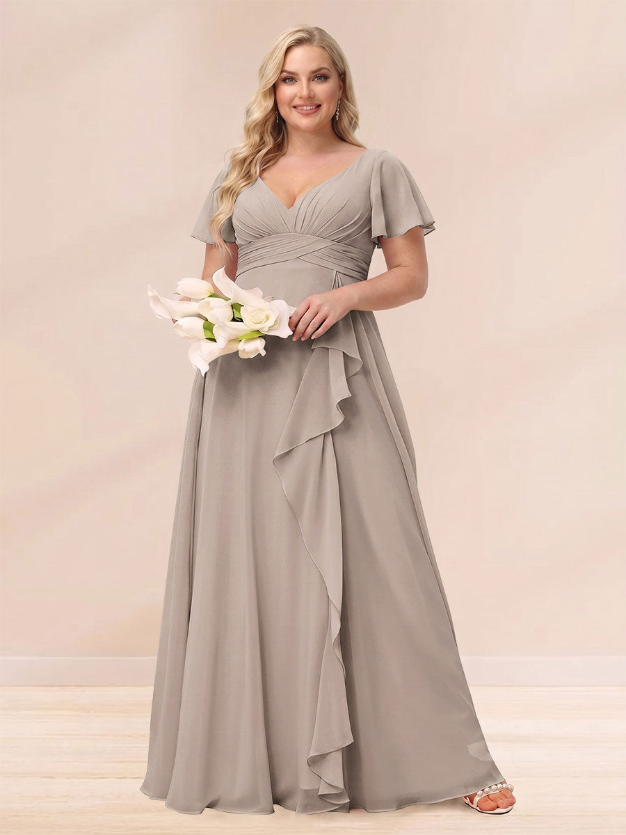 A-Line/Princess V-Neck Long Plus size Bridesmaid Dresses with Ruffles Taupe