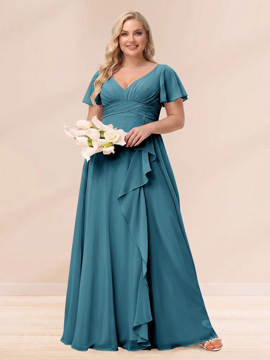 A-Line/Princess V-Neck Long Plus size Bridesmaid Dresses with Ruffles Teal