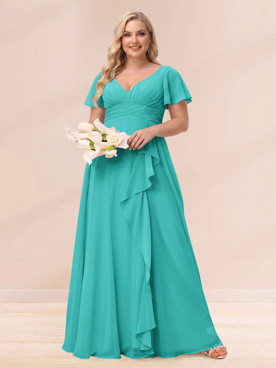 A-Line/Princess V-Neck Long Plus size Bridesmaid Dresses with Ruffles Turquoise