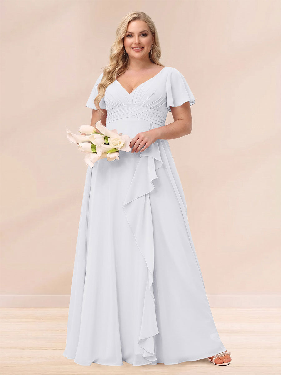A-Line/Princess V-Neck Long Plus size Bridesmaid Dresses with Ruffles White
