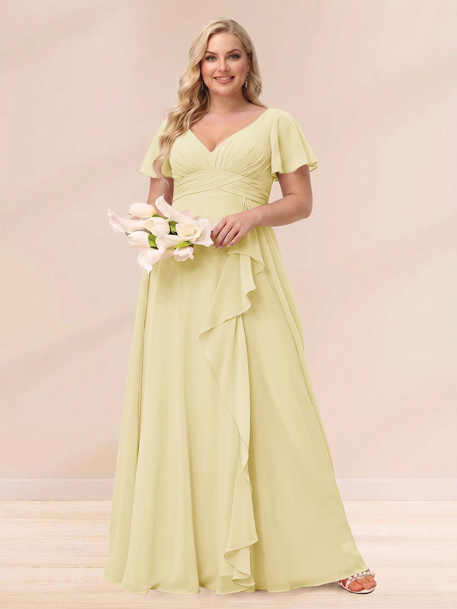 A-Line/Princess V-Neck Long Plus size Bridesmaid Dresses with Ruffles Yellow