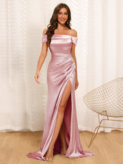 Sheath/Column Off-The-Shoulder Long Formal Dresses with Split Side & Ruched Dusty Rose